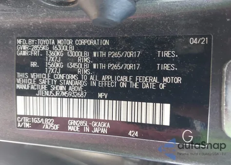 2021 Toyota 4Runner Sr5 Premium from USA, damaged, VIN JTENU5JR7M5932687